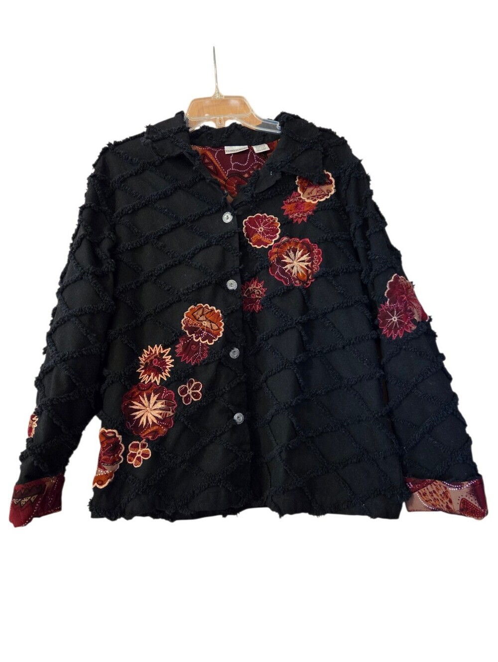 Fashion Bug Boho Whimsical Black Burgundy Jacket Embrodiered  Plus Size 18/20